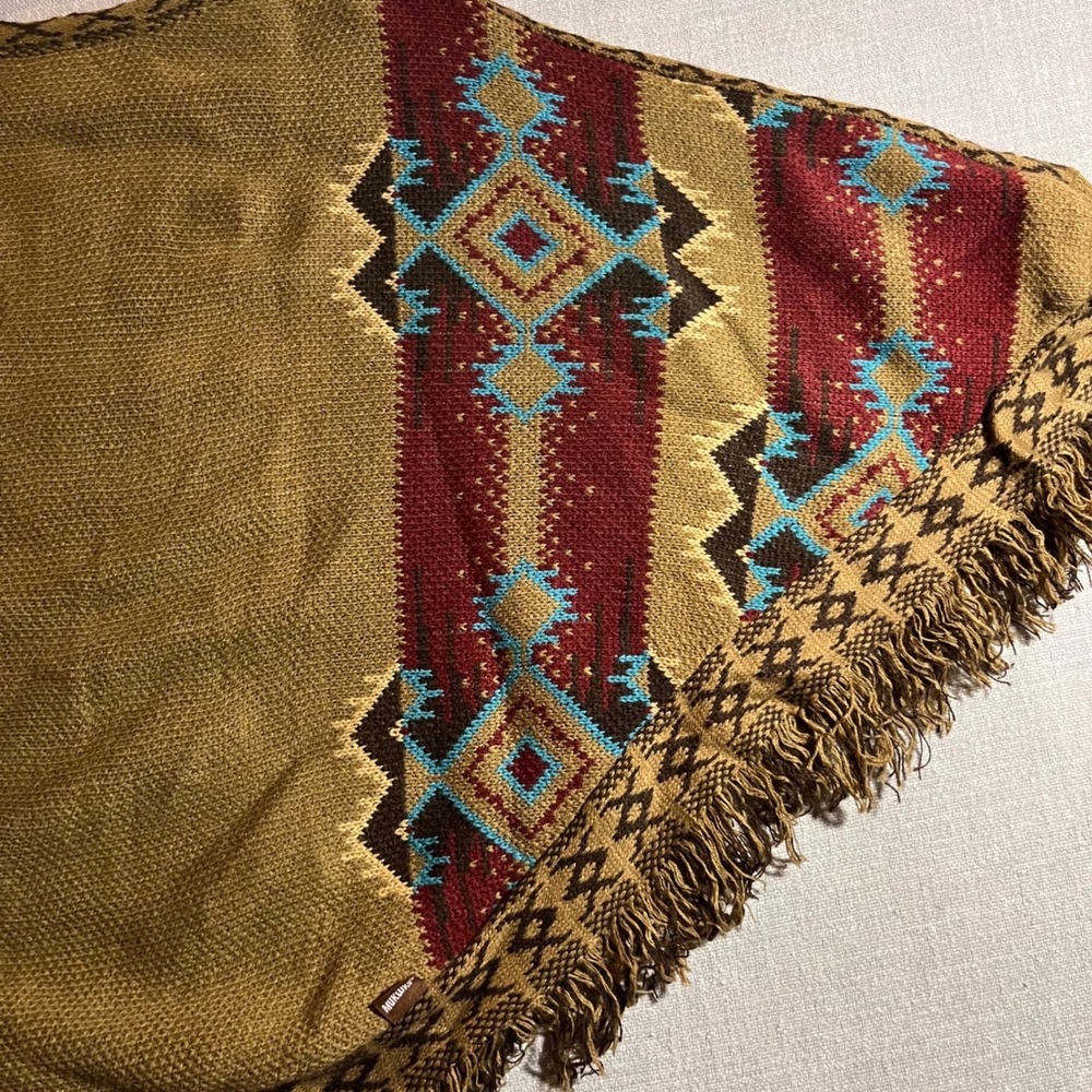 New Womens Aztec Fringe Poncho Western Boho Sweater Cape One Size Aged Rope - Picture 4 of 9
